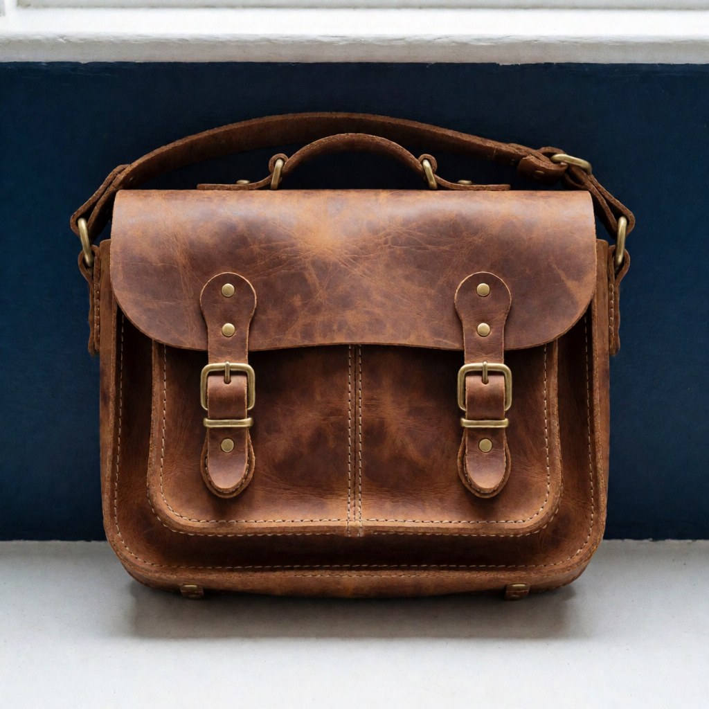Top-down view of a sturdy brown leather bag featuring bronze metal hardware and visible stitching, suitable for travel or work.