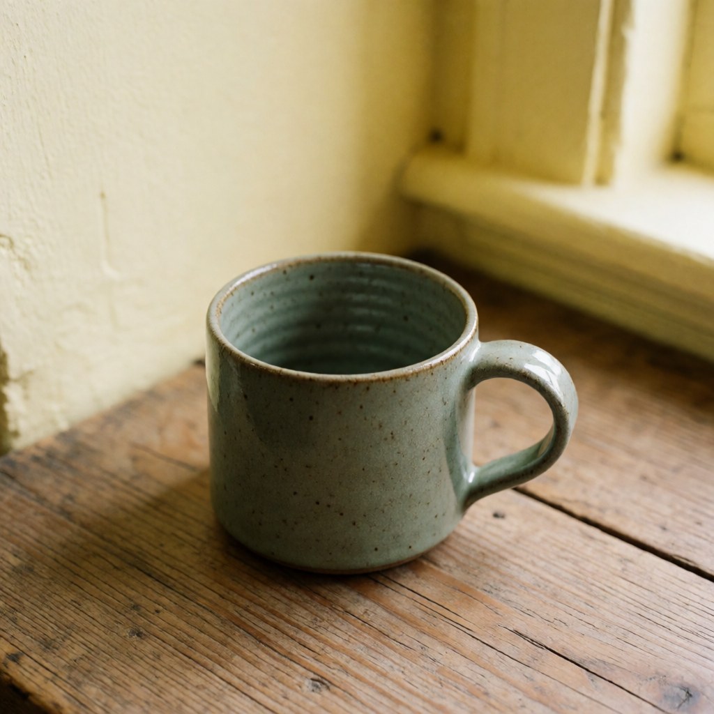 A speckled handmade ceramic coffee mug with a glossy glaze resting on a rustic wooden board against a yellow wall with natural light