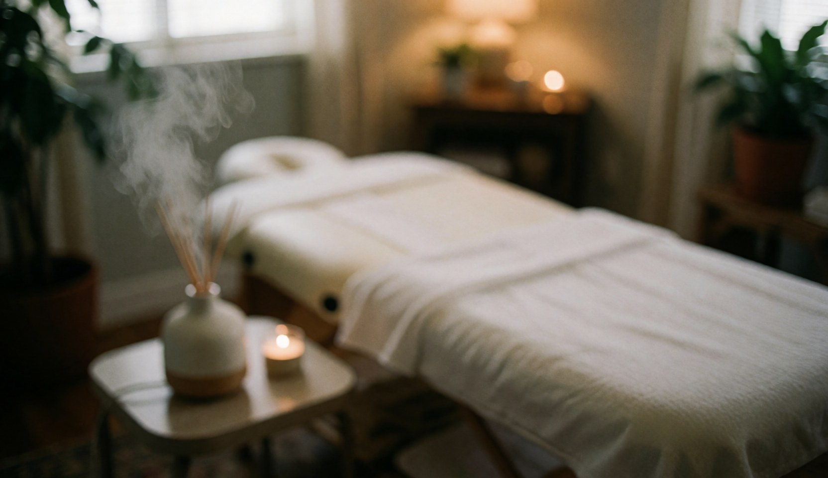 Serene aromatherapy space featuring a massage table, essential oil diffuser, and candles, creating a calming natural atmosphere ideal for text overlays.