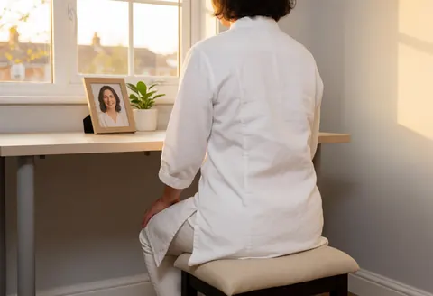 A reiki practitioner in a white tunic stands behind a treatment table in a bright, serene room with a window and a plant.