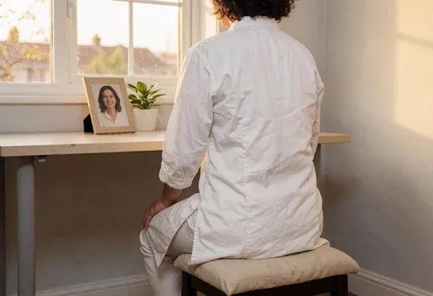 A reiki practitioner in a white tunic stands behind a treatment table in a bright, serene room with a window and a plant.