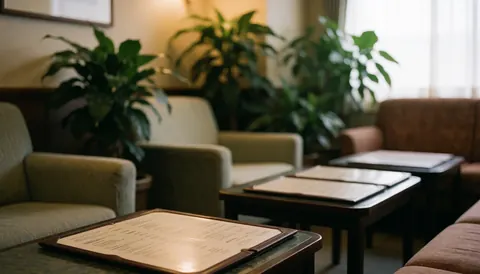 Quiet spa waiting area featuring comfortable chairs, green plants, low tables with menus, and warm lighting for a relaxing atmosphere.