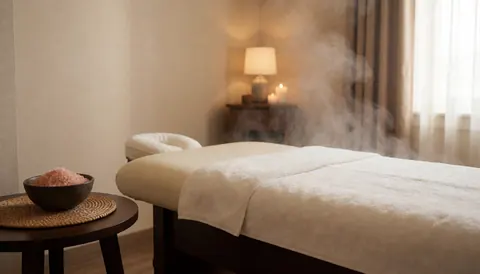 An empty massage room featuring a covered table, a bowl of pink salt, and soft steam, ideal for exfoliation and relaxation services.