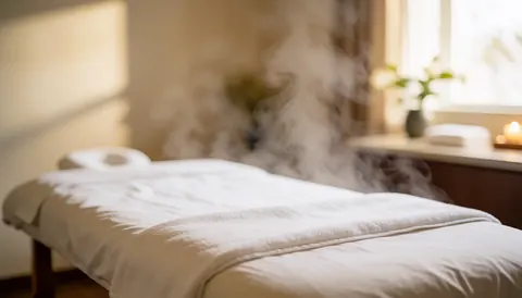A massage bed covered with white blankets emitting soft steam, illuminated by natural light against a blurred background, ideal for spa and massage text overlays.
