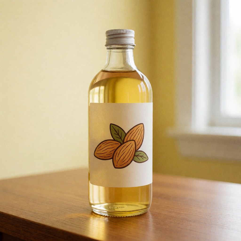 Clear glass bottle of almond massage oil with almond label on wooden table against pale yellow wall with natural light