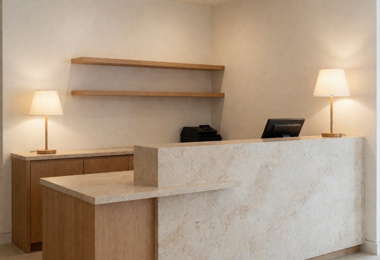 Clean spa reception desk featuring a natural stone countertop, wooden shelves, and warm lighting for a professional massage environment