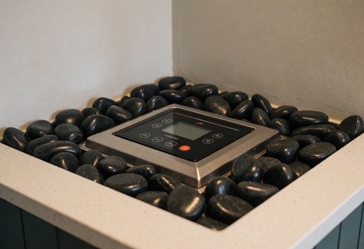 Close-up of a digital control panel on a hot stone therapy unit with glossy black basalt stones and light gray walls, showcasing a clean and professional spa environment.