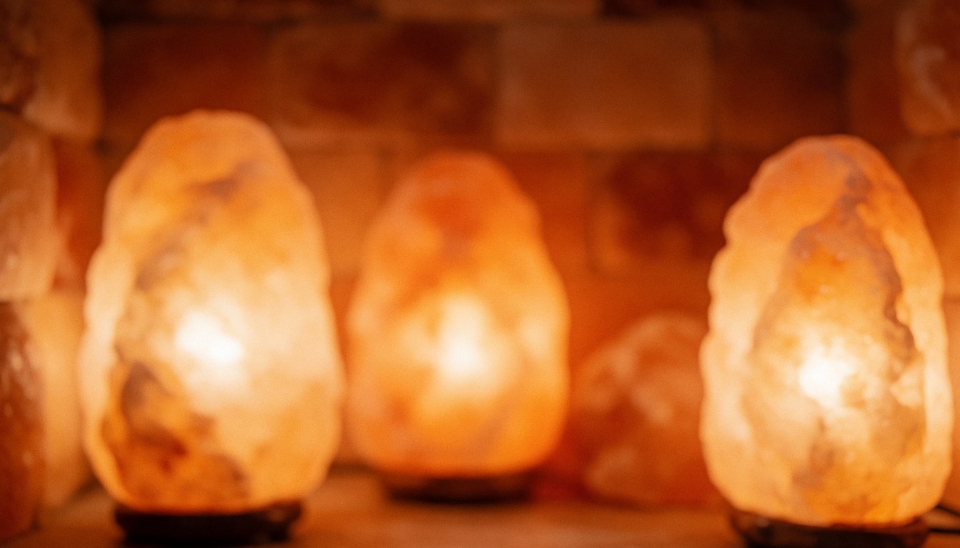 Glowing salt lamp placed on a wooden surface, creating a warm and relaxing atmosphere suitable for spa and massage business backgrounds.