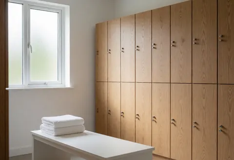Spa changing room featuring wooden cabinets, a white bench with towels, and natural light creating a clean, relaxing atmosphere.