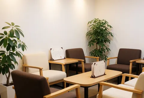 A serene spa waiting room featuring wooden tables, comfortable chairs, and green plants creating a calm atmosphere for hot stone massage clients