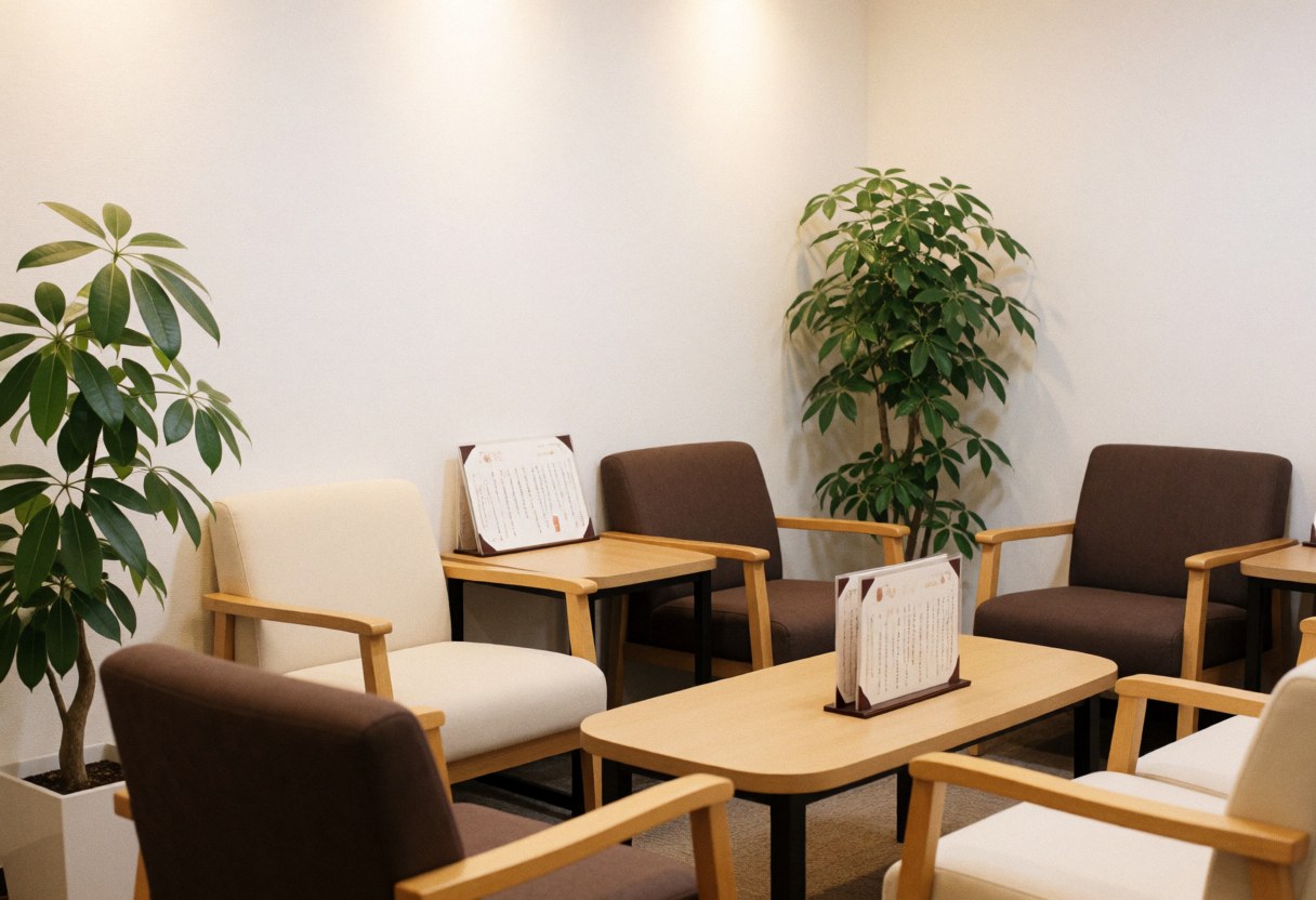 A serene spa waiting room featuring wooden tables, comfortable chairs, and green plants creating a calm atmosphere for hot stone massage clients