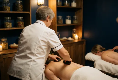 Therapist in white uniform performs hot stone massage on client back in warm spa with wooden shelves, herbal jars, blue walls, and soft lighting
