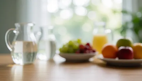 A refreshing spa background featuring fresh fruits, water jugs, and soft bokeh lighting on a wooden surface, ideal for wellness and hydration themes
