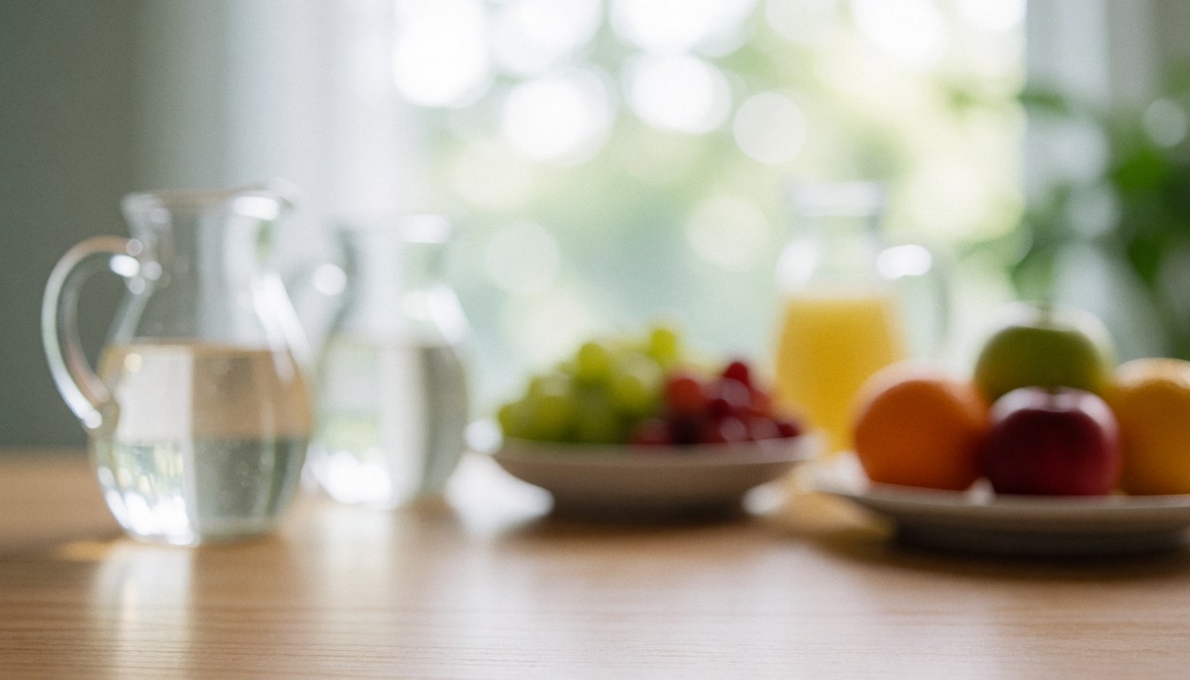 A refreshing spa background featuring fresh fruits, water jugs, and soft bokeh lighting on a wooden surface, ideal for wellness and hydration themes