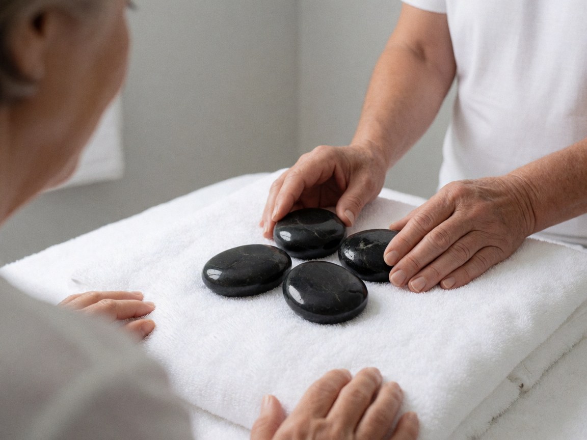 Four black hot stones resting on a white towel with therapist hands preparing for a relaxing professional spa treatment against a light gray wall.