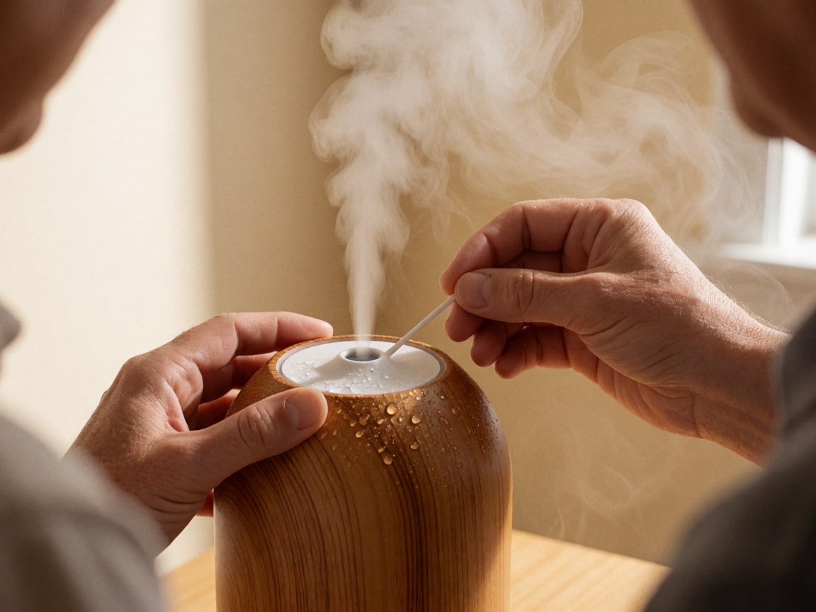 Close-up of hands holding a wooden essential oil diffuser releasing gentle steam, with water droplets on the base against a beige wall background