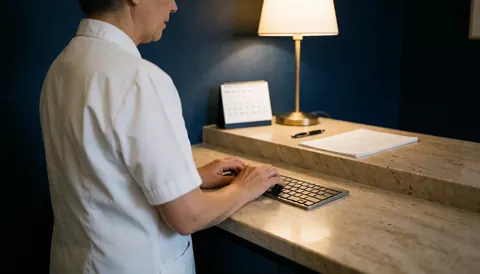 Receptionist in white uniform working at a stone desk with calendar and lamp, professional and warm atmosphere