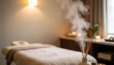 A quiet spa treatment room featuring a massage table, steam, warm ambient lights, and minimalist decor for relaxation.