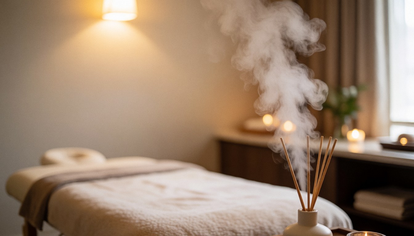 A quiet spa treatment room featuring a massage table, steam, warm ambient lights, and minimalist decor for relaxation.