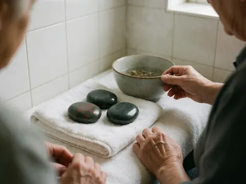 A close-up view of smooth hot stones arranged for a massage therapy session alongside a steaming ceramic cup of herbal tea on a white towel