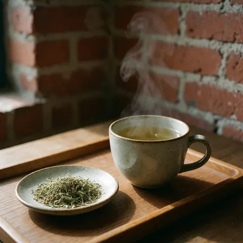 A ceramic cup of steaming chamomile tea sits on a wooden tray with dried herbs against a brick wall, evoking warmth and relaxation for spa and wellness settings