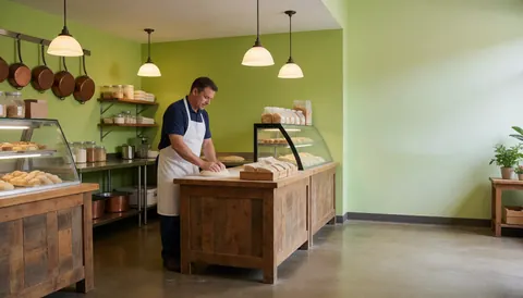 Baker working with dough on a wooden counter in a bakery with green walls and hanging lights