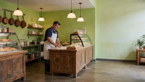 Baker working with dough on a wooden counter in a bakery with green walls and hanging lights