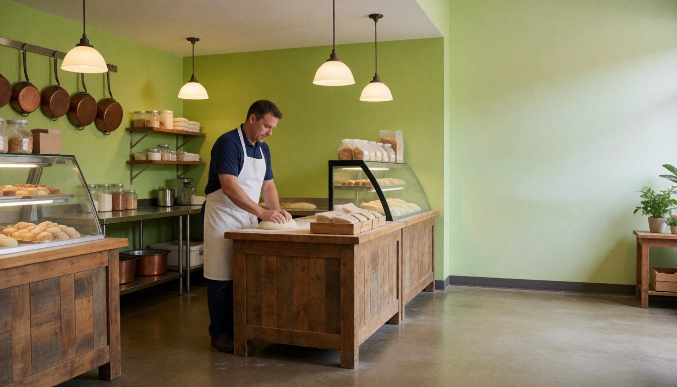 Baker working with dough on a wooden counter in a bakery with green walls and hanging lights