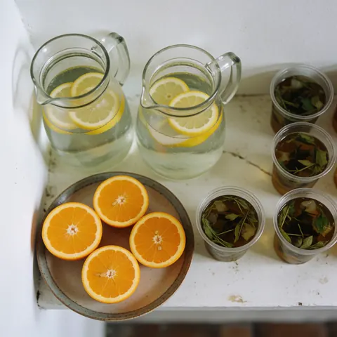 A refreshing hydration station featuring fresh lemon and orange slices, herbal tea, and ceramic cups arranged on a white wall with natural light