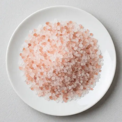 White ceramic bowl filled with pink salt crystals, ideal for hot stone massage, spa treatments, and body care products.