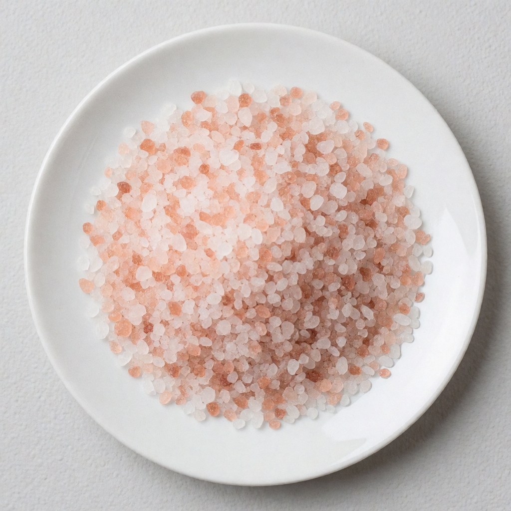 White ceramic bowl filled with pink salt crystals, ideal for hot stone massage, spa treatments, and body care products.