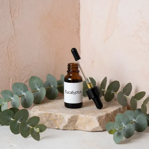 Dark glass bottle of eucalyptus oil with dropper resting on a natural stone surrounded by fresh eucalyptus leaves against a light plaster wall