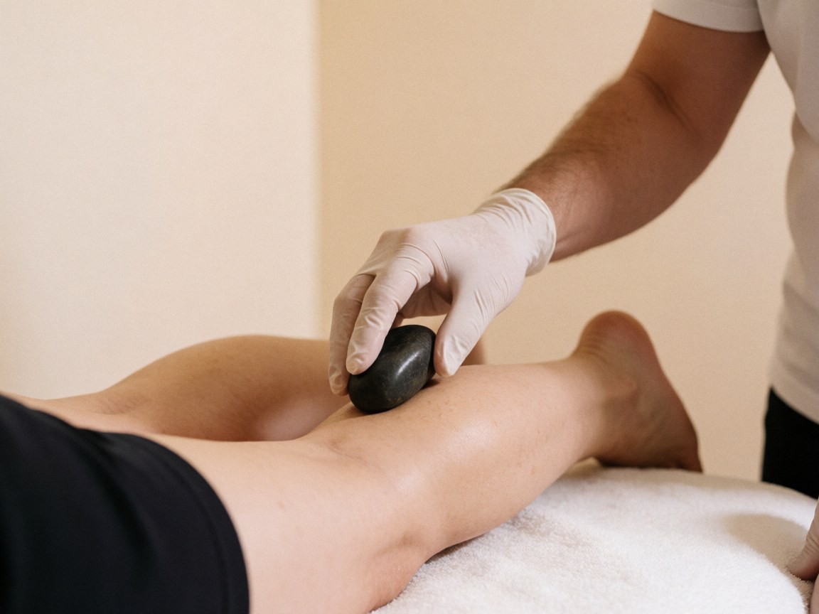 Close-up of a therapist wearing a glove placing a heated stone on a client's thigh against a beige wall in a relaxing spa setting