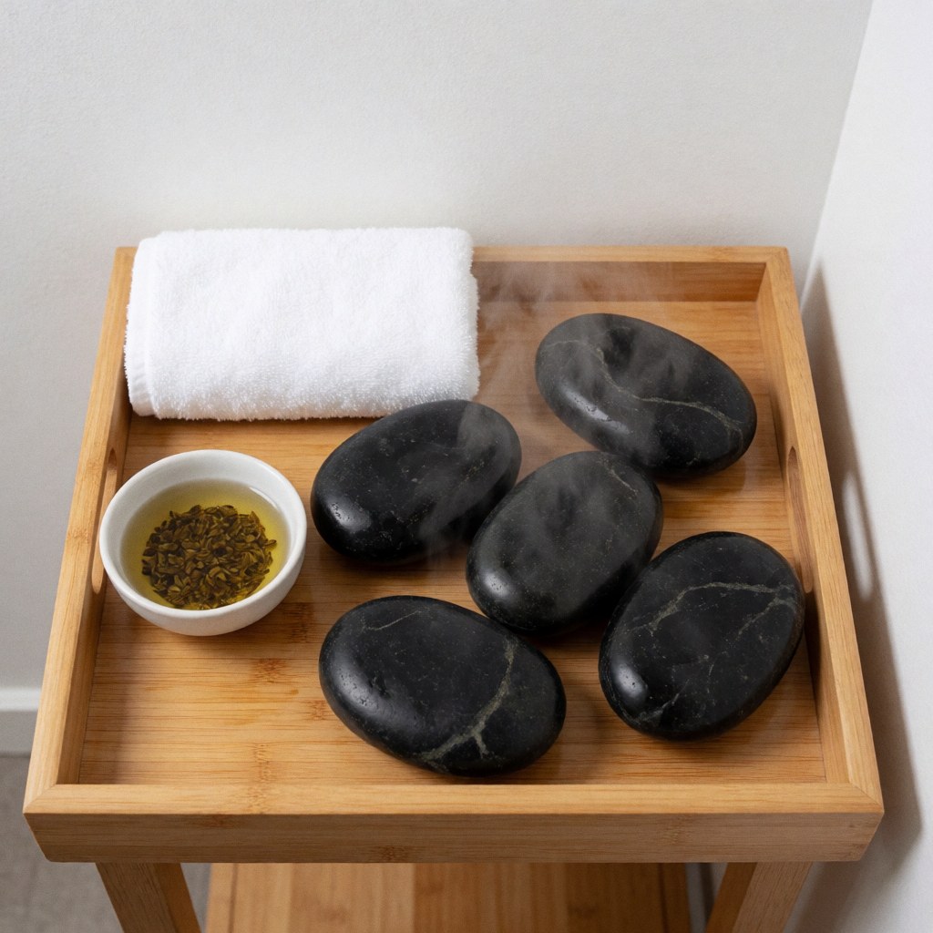 A set of heated massage stones arranged on a wooden tray alongside a rolled white towel, massage oil, and herbal elements against a clean white background