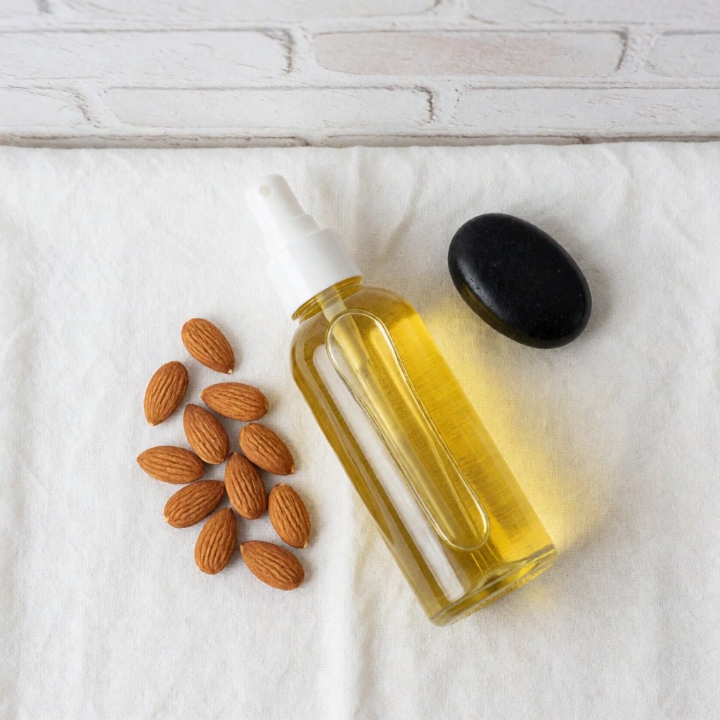 Spray bottle of almond oil, whole almonds, and a black hot stone arranged on a white cloth for spa and massage therapy