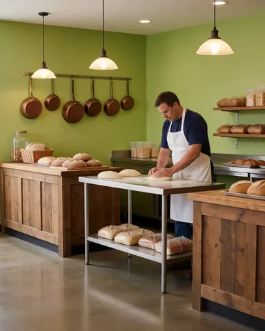 A concentrated baker stands at a wooden counter in a bright, modern bakery kitchen with copper pots and stainless steel equipment.