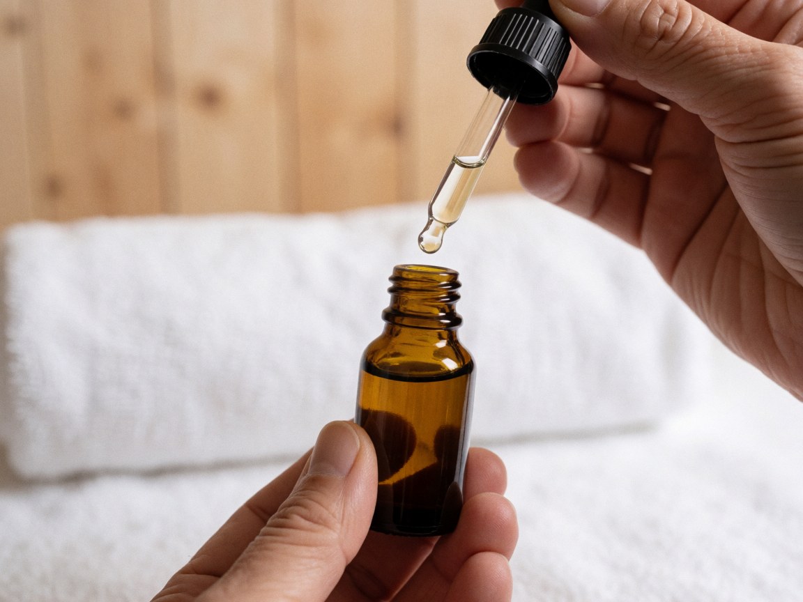 Close-up of essential oil drops falling from a glass dropper into a small bottle, with hands holding the container, a white towel, and a light wood wall in the background