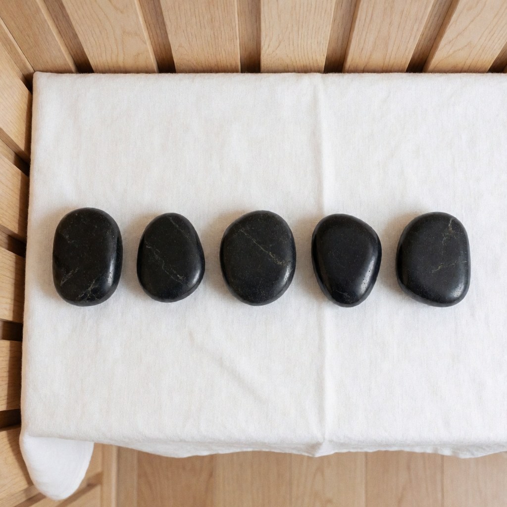 Five smooth, shiny black hot stones arranged on a white cloth over a light wood background, ideal for spa and massage services.