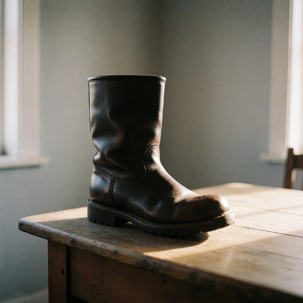 A polished brown leather rural work boot resting on a wooden table against a rustic wall with natural lighting