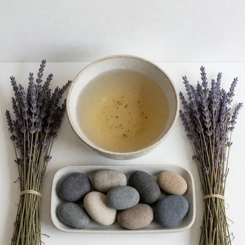 Flat lay of hot stones in a ceramic bowl, herbal water, and dried lavender sprigs arranged symmetrically on a white surface for spa therapy.