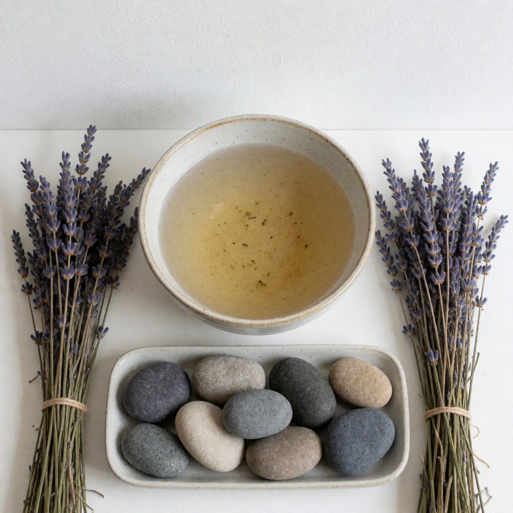 Flat lay of hot stones in a ceramic bowl, herbal water, and dried lavender sprigs arranged symmetrically on a white surface for spa therapy.
