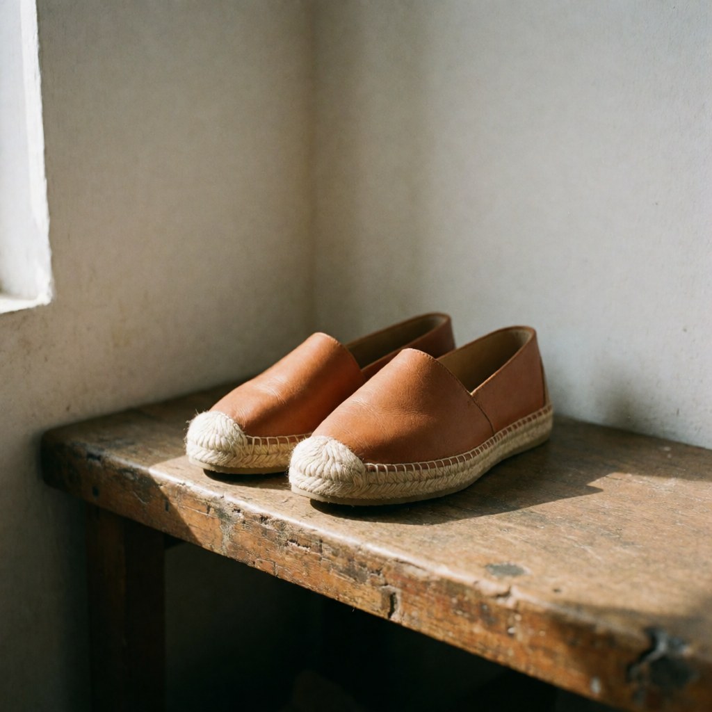 Leather espadrilles with jute soles displayed on a wooden workbench in a natural light workshop