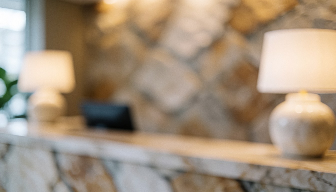 Spa reception area featuring a natural stone wall, warm lamps, and a relaxed atmosphere, ideal for text background