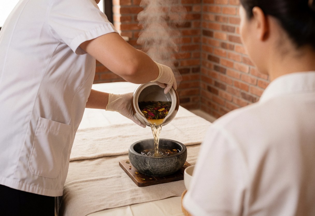 Therapist in white uniform pouring steaming herbal water onto a hot stone on a spa table with brick wall background
