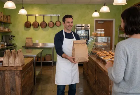 Baker in a bakery with green walls hands a bread bag to a customer at a wooden counter with fresh pastries and bread.