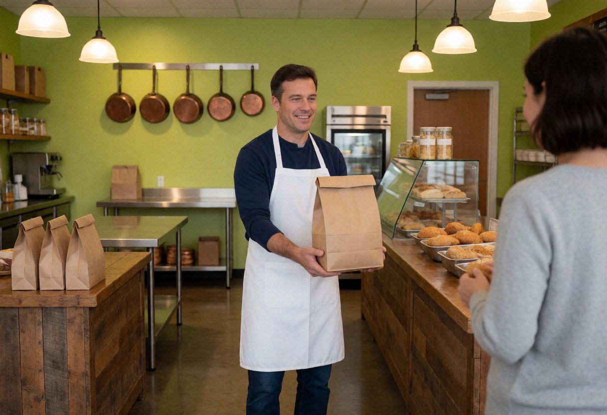Baker in a bakery with green walls hands a bread bag to a customer at a wooden counter with fresh pastries and bread.