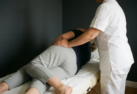 Professional massage therapist performing a maternal massage on a pregnant client lying on a treatment table in a serene, minimalist room with gray walls.
