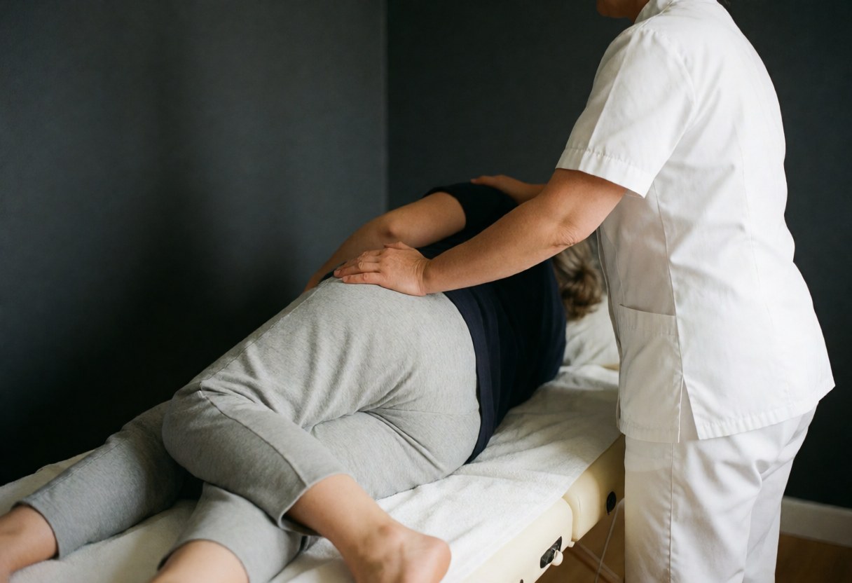 Professional massage therapist performing a maternal massage on a pregnant client lying on a treatment table in a serene, minimalist room with gray walls.