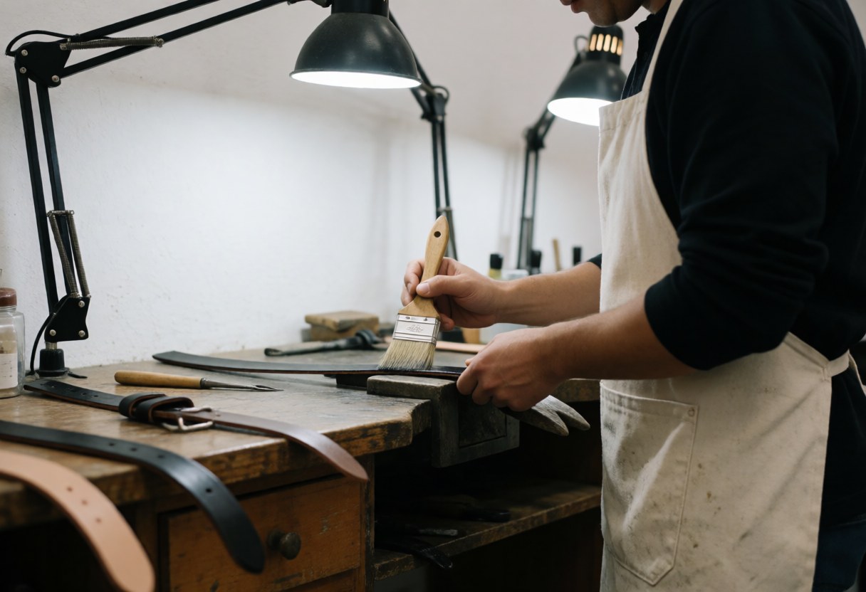 A craftsman applying professional edge dye to a leather belt using a brush in a well-lit workshop setting