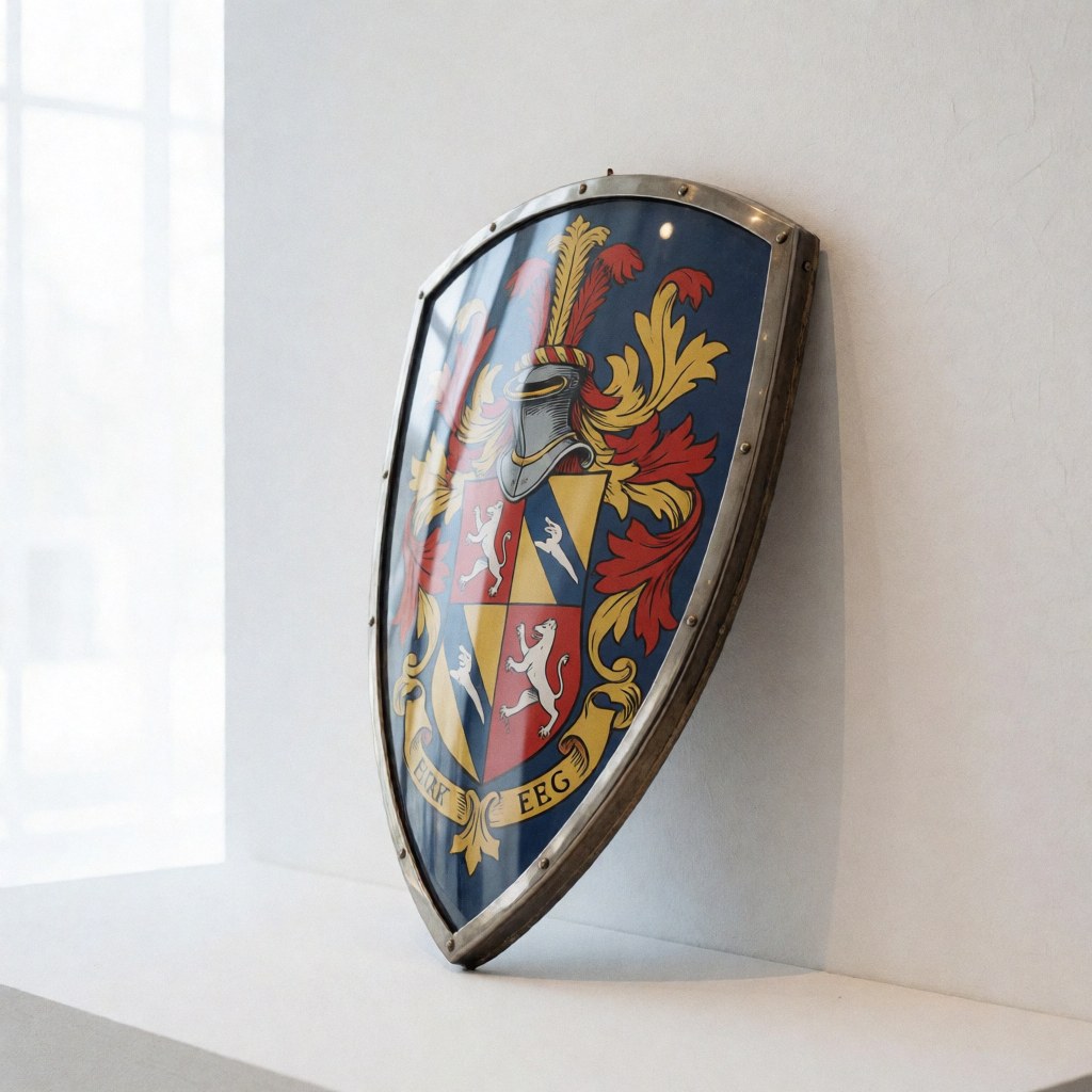 A finished heraldic shield displayed in a metal frame against a white wall with natural light from a window, suitable for decorative purposes.
